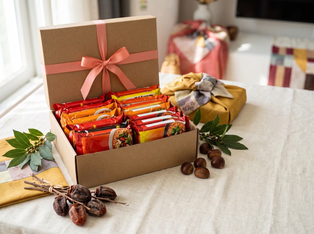 Chuseok gift box with Korean ramen packs, persimmons and chestnuts